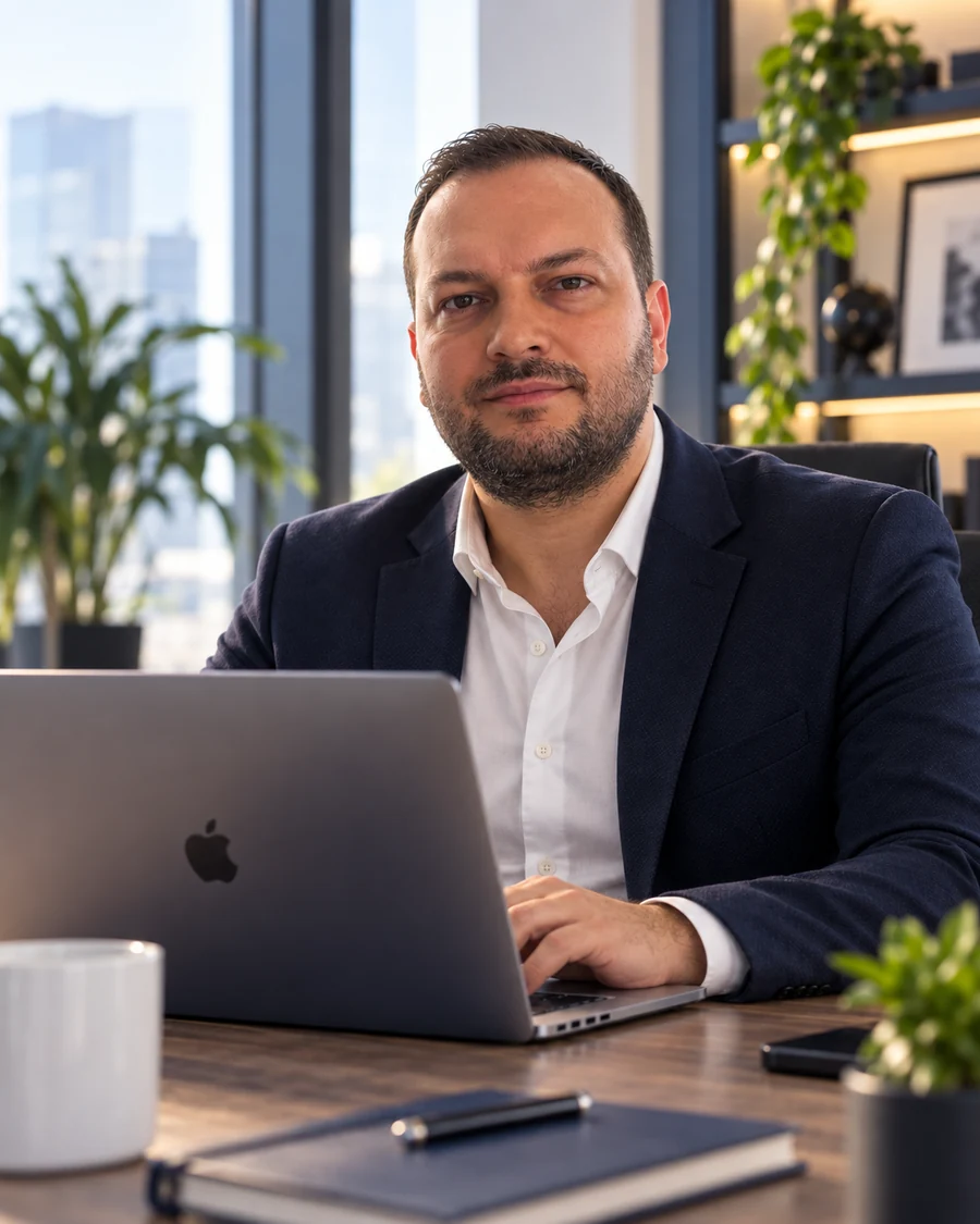 Emre Aydın, Emre Aydın Digital kurucusu, ofiste MacBook başında